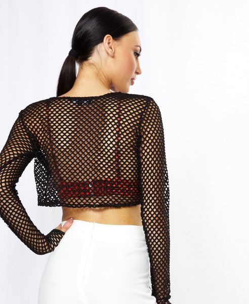 Bella London Daisy Black Large Fishnet Sheer Crop Top With Long Sleeves. Back View