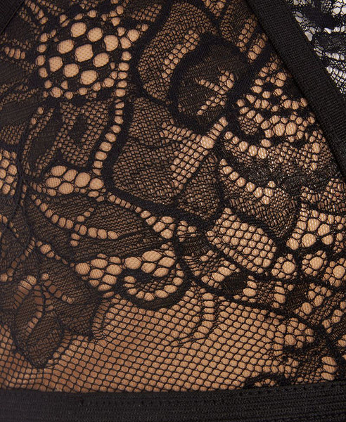 Bella London Iris Black Lace Harness Bralette Crop Top Bra. Fabric View