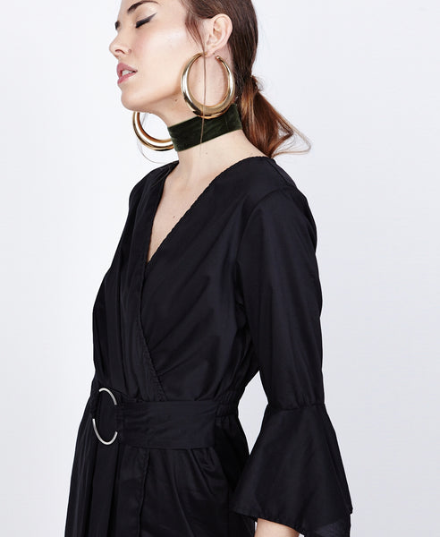 Bella London Azalea Black Asymmetric Wrap Style Shirt Dress. Side Detail View