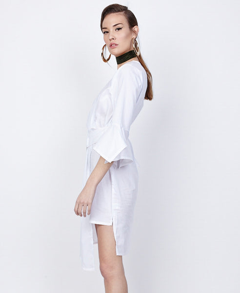Bella London Azalea White Asymmetric Wrap Style Shirt Dress. Side View