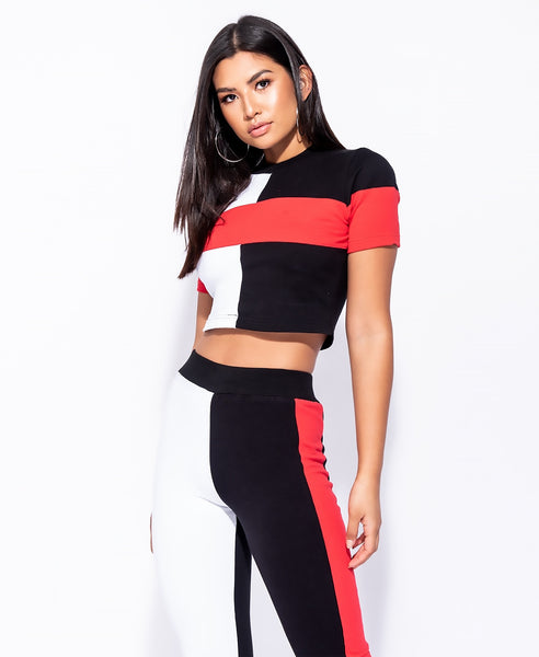 Bella London Holly Black And Red Panel Colour Block Crop Top Co-Ord T-Shirt. Front View.
