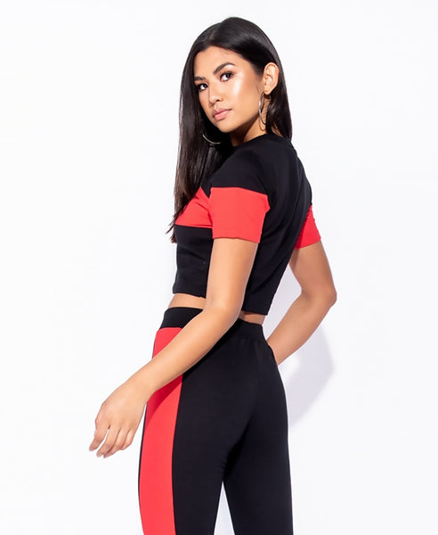 Bella London Holly Black And Red Panel Colour Block Crop Top Co-Ord T-Shirt. Back View.