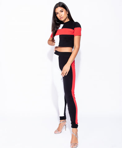 Bella London Sakura Black And Red Panel Colour Block Skinny Fit Co-Ord Joggers. Front View