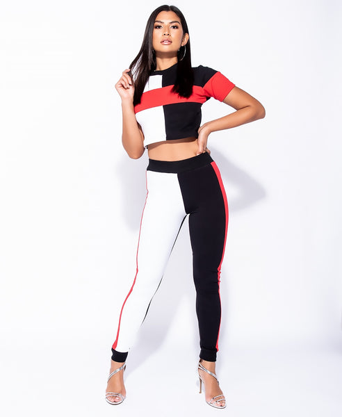 Bella London Sakura Black And Red Panel Colour Block Skinny Fit Co-Ord Joggers. Front View