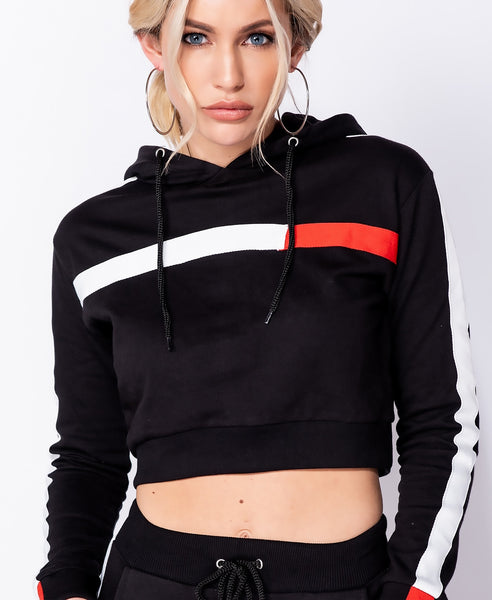 Bella London Alicia Black Hooded Crop Top With Side Stripe Detail Co-Ord. Front View