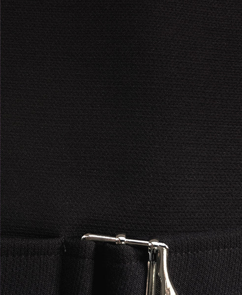 Bella London Black boxy cropped top with buckle fastening and ¾ sleeves. Detail fabric photo.