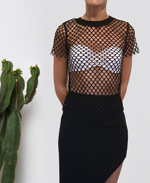 Bella London Andre black sheer net T-shirt with raw hem finish. Close up front view