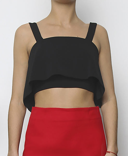 Bella London Black cropped bustier top with ruffle overlay and thick straps. Front photo.