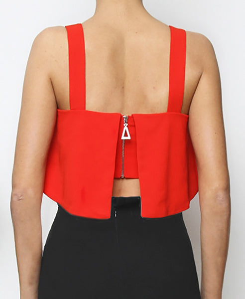 Bella London Red cropped bustier top with ruffle overlay and thick straps. Back photo.