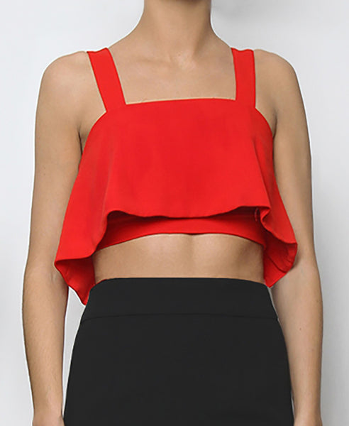 Bella London Hyeres Red cropped bustier top with ruffle overlay and thick straps. Front photo.