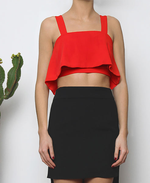 Bella London Red cropped bustier top with ruffle overlay and thick straps. Front photo.