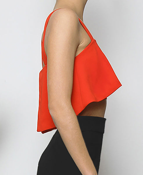 Bella London Red cropped bustier top with ruffle overlay and thick straps. Side photo.