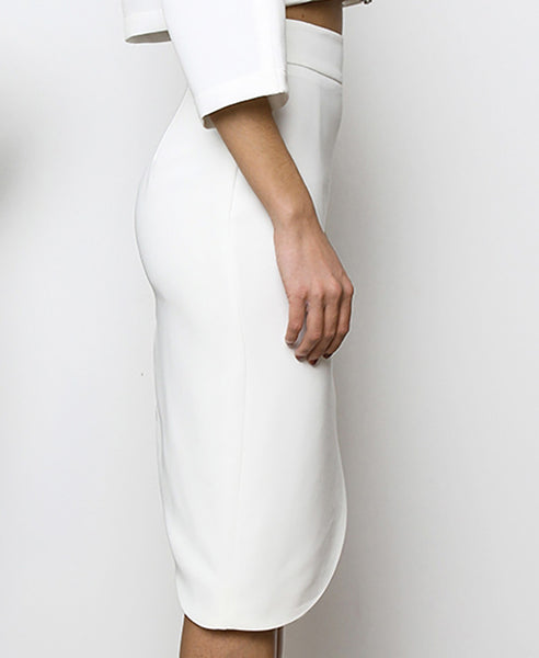Bella London Najac White Asymmetric Skirt With Waistband And Side Slit. Side View