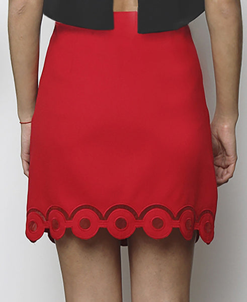 Bella London Red mini skirt with embroidered scalloped hem and organza inserts. Back photo.