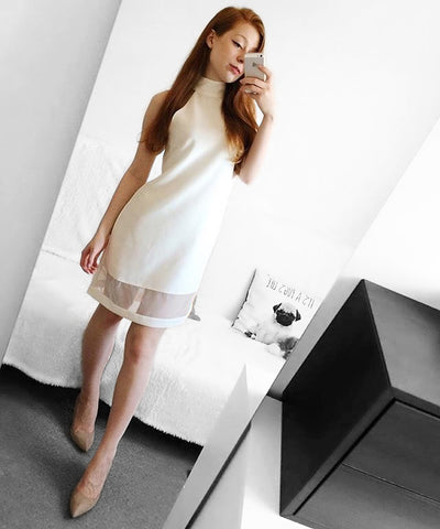 Bella London Fira White high neck shift dress with organza hem panel. Blogger photo.